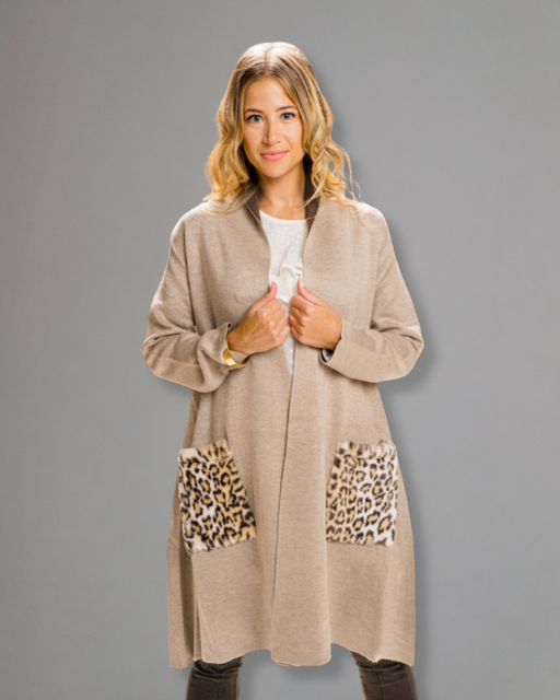 BEIGE OPEN CARDIGAN CHEETAH PRINT POCKETS