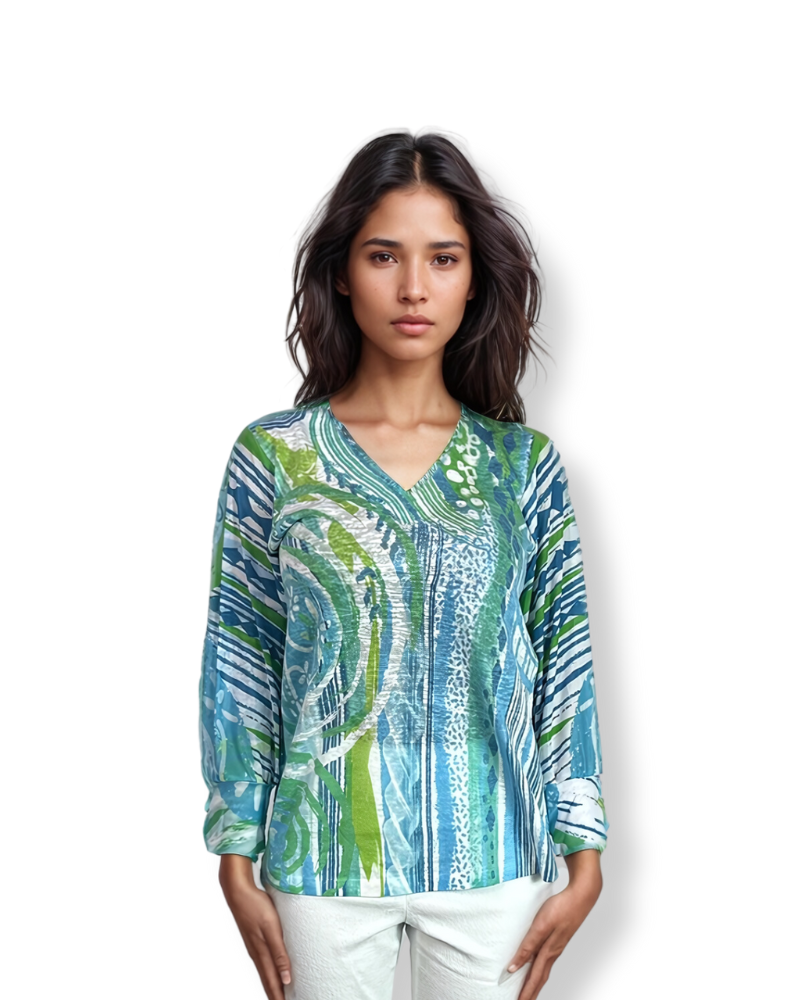 LN Mesh arm tunic blue & green spirals