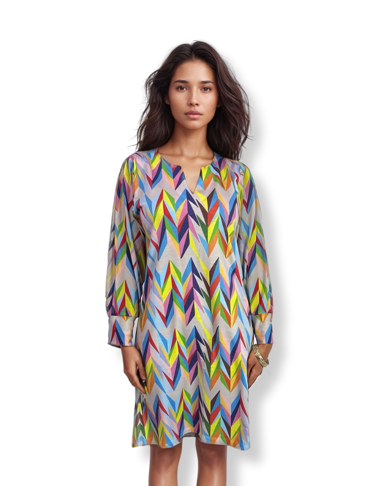 Cuffed Mesh Sleeves Dress in multicolor chevrons