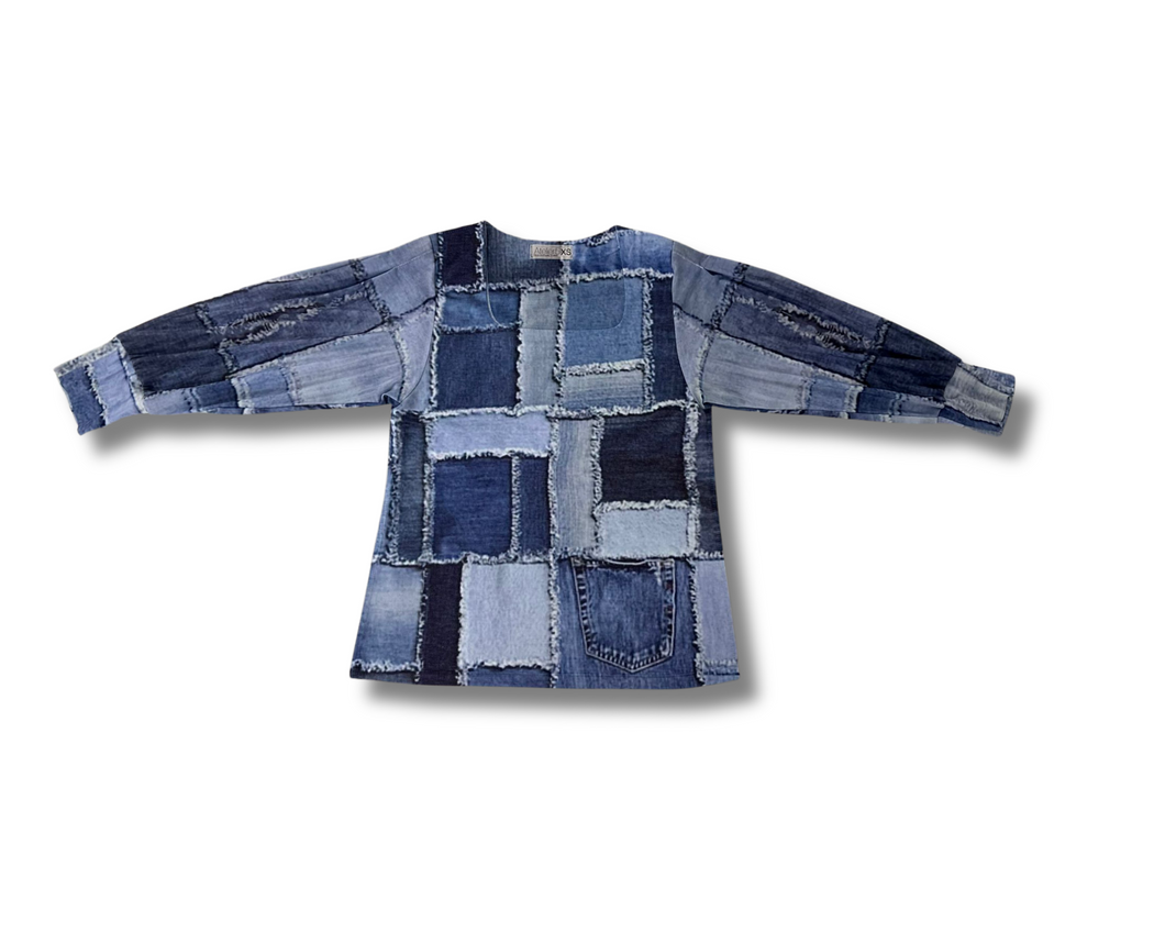 FT Square neck mesh arm Denim patchwork By Sylvaine Jourdes