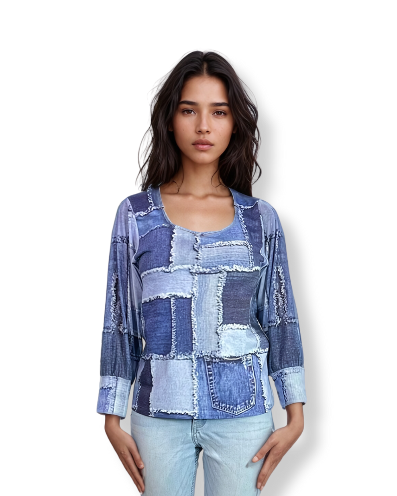 FT Square neck mesh arm Denim patchwork By Sylvaine Jourdes