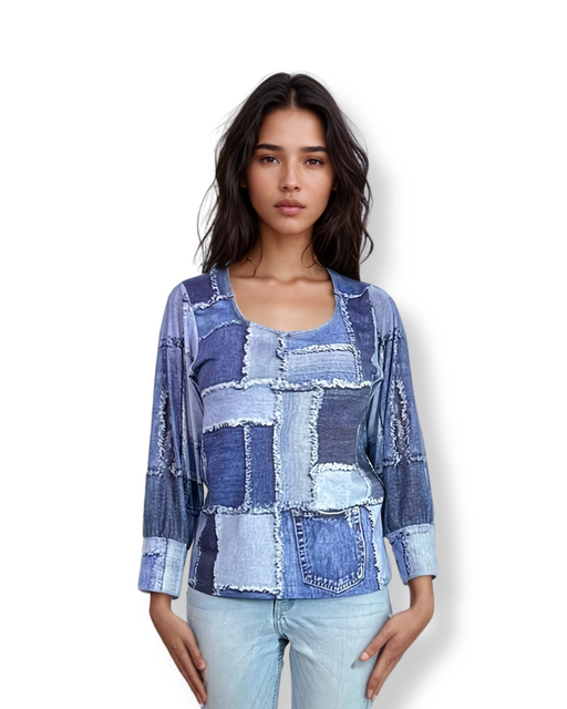 FT Square neck mesh arm Denim patchwork By Sylvaine Jourdes